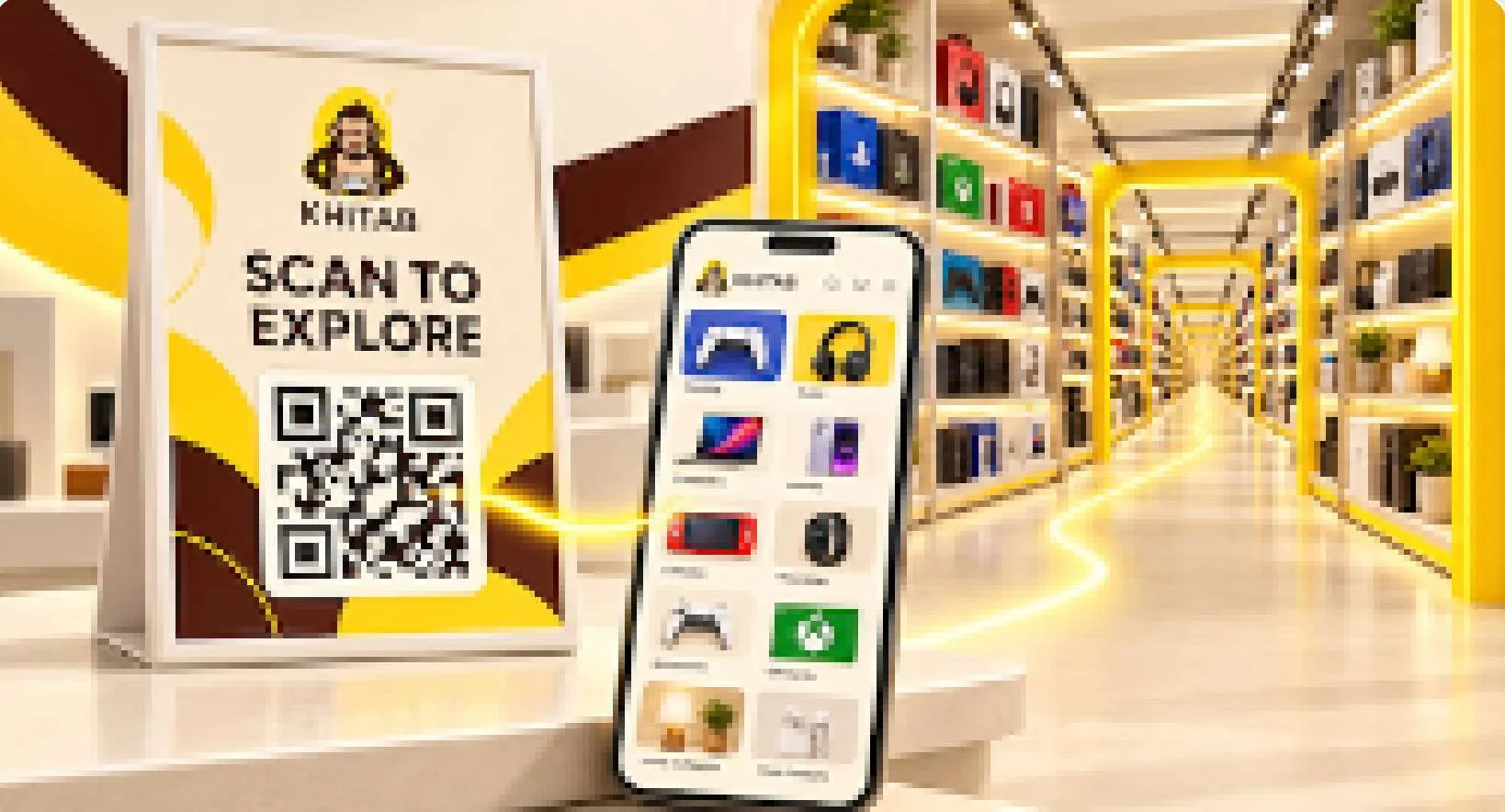 Scan-to-explore QR display concept next to a smartphone showing a digital catalogue