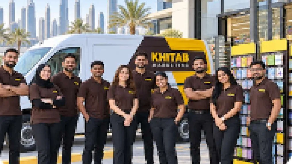 Khitab Marketing field team in branded uniforms beside a Khitab van in Dubai