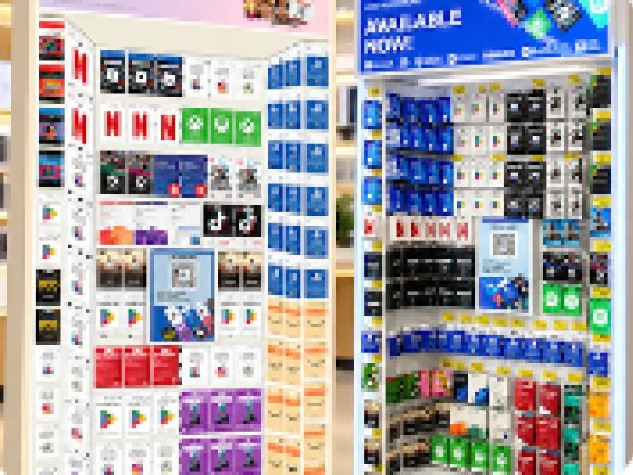 Gift card and gaming display wall merchandised in an electronics store